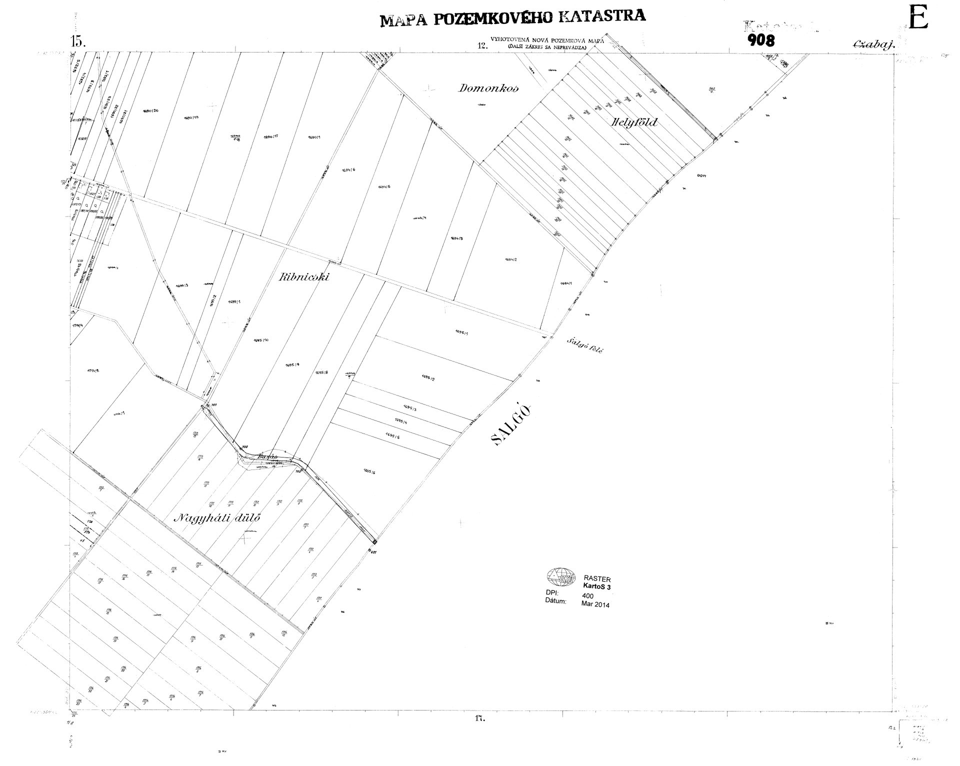 Čierno-biely raster mapy určeného operátu z okresnej dokumentácie Nitra, k.ú. Cabaj ML č. 15