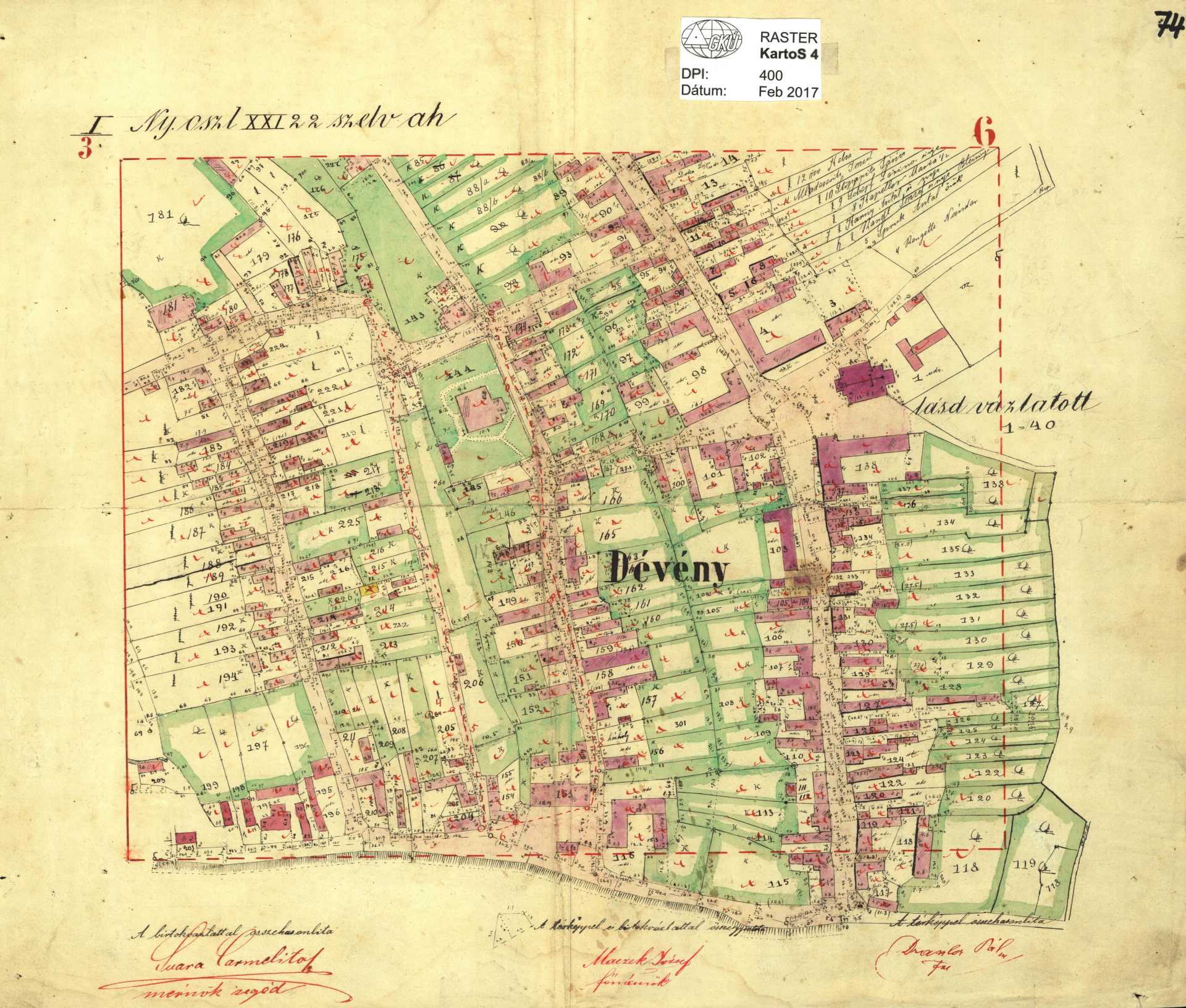 Farebný raster poľného náčrtu pôvodnej mapy z ÚAGK, okres Bratislava, k.ú. Devín z roku 1896