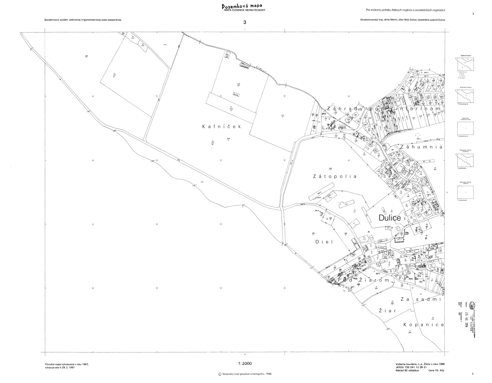 Čierno-biely raster katastrálnej mapy z okresnej dokumentácie Martin, k.ú. Dulice ML č. 3