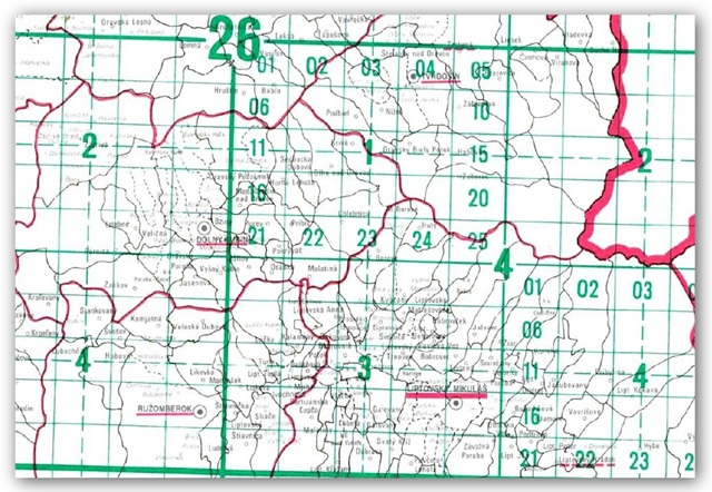 Ukážka Prehľadu kladu listov Základných máp SR 1 : 10 0000 – 1 : 200 000 v mierke 1 : 400 000